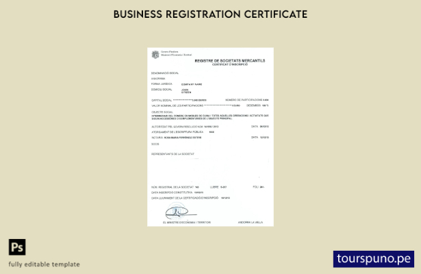 Plantilla de certificado de registro de empresas de Andorra lista para imprimir